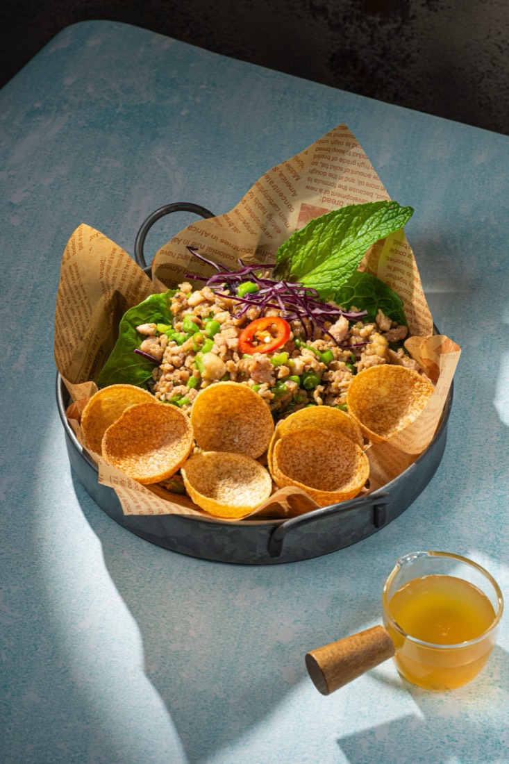 Thai basil minced chicken with crispy pani puri